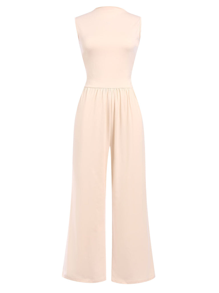 Beige 1940er Solide Hoher Hals Jumpsuit