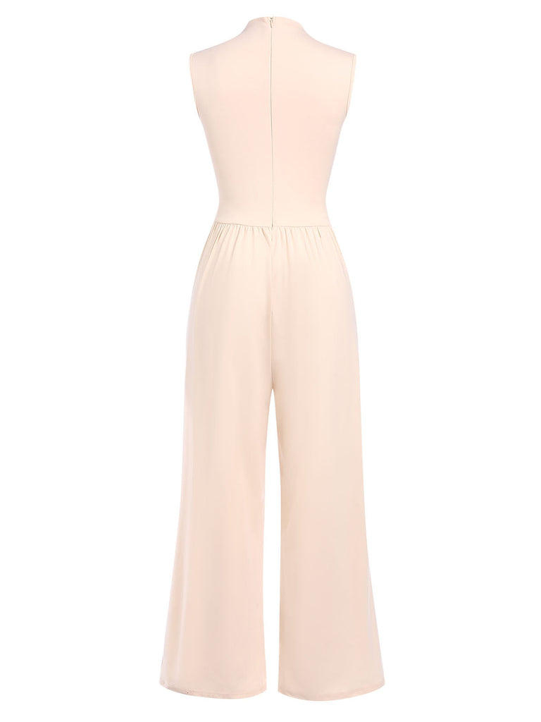 Beige 1940er Solide Hoher Hals Jumpsuit