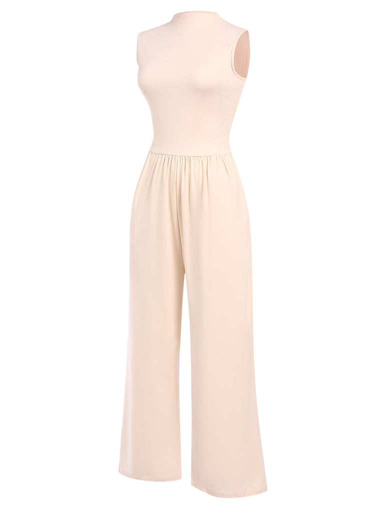 Beige 1940er Solide Hoher Hals Jumpsuit