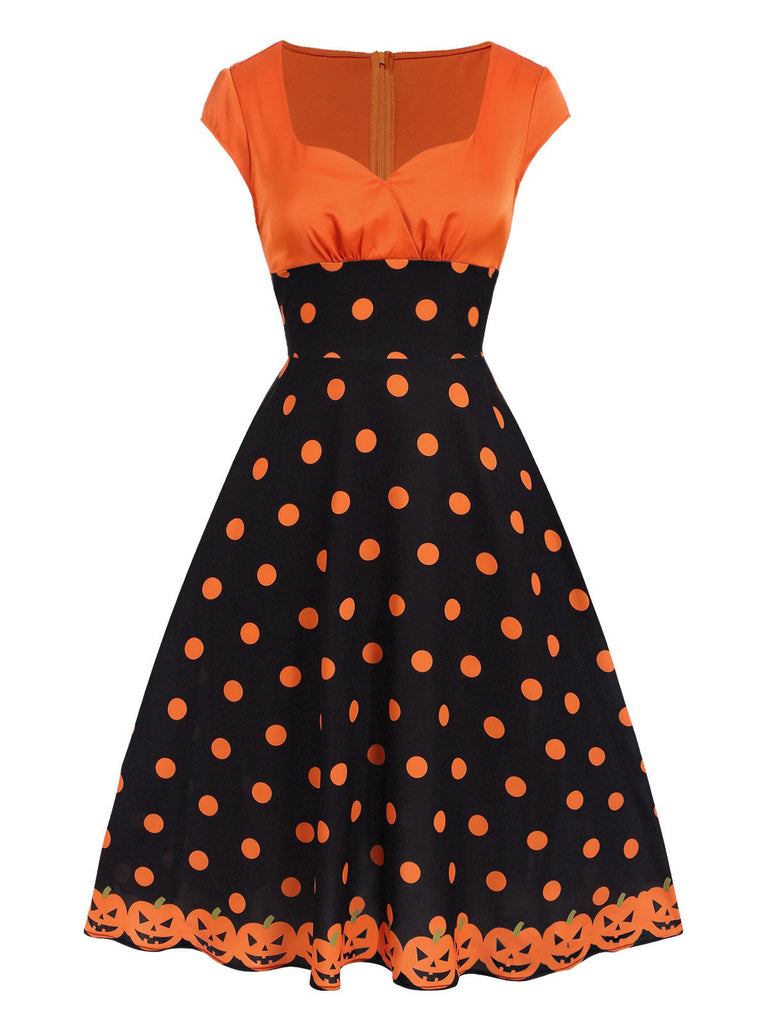 Orange 1950er Halloween Kürbis Gesicht Herzförmiger Hals Kleid