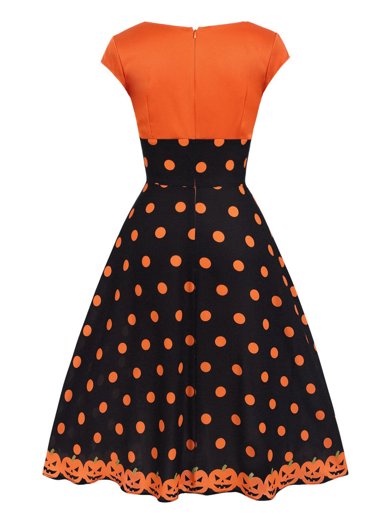 Orange 1950er Halloween Kürbis Gesicht Herzförmiger Hals Kleid