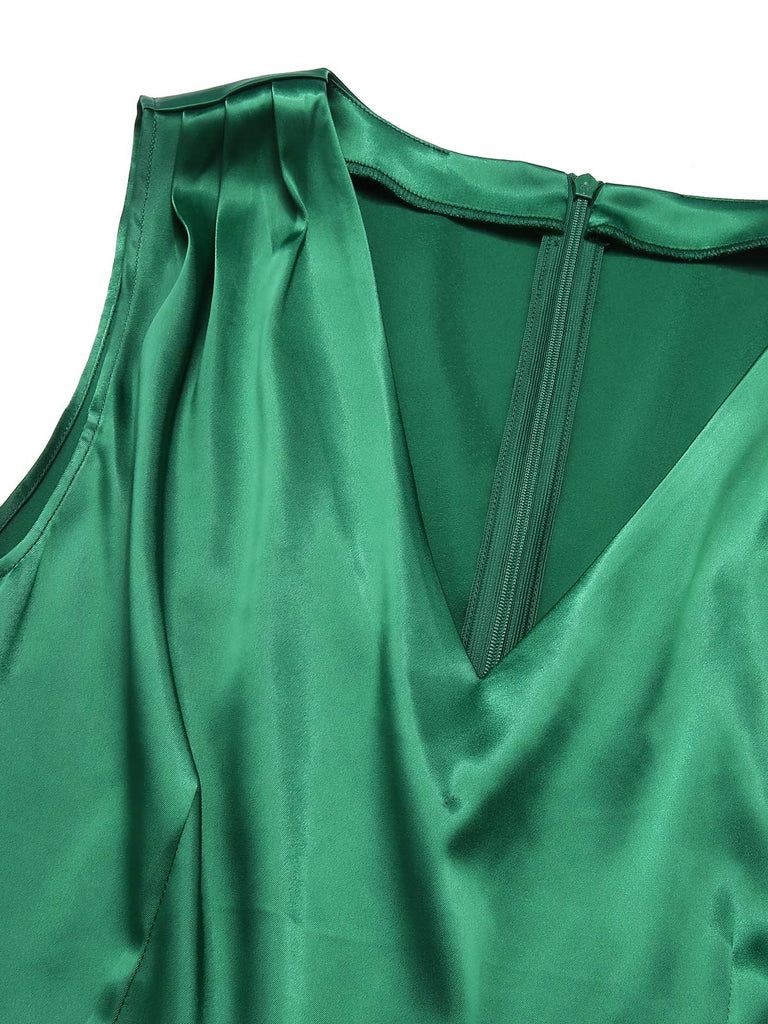 [Vorverkauf] Grün 1960er Solide V-Ausschnitt Kleid