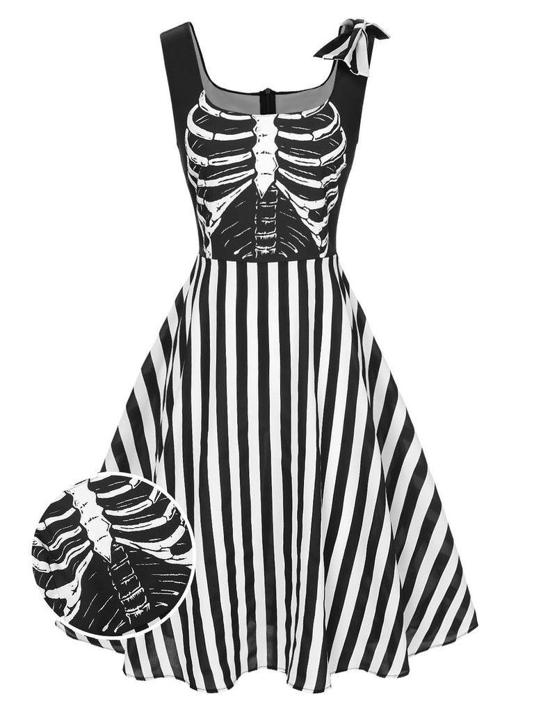 [Vorverkauf] Schwarz 1950er Halloween Skelett Vertikale Streifen Kleid