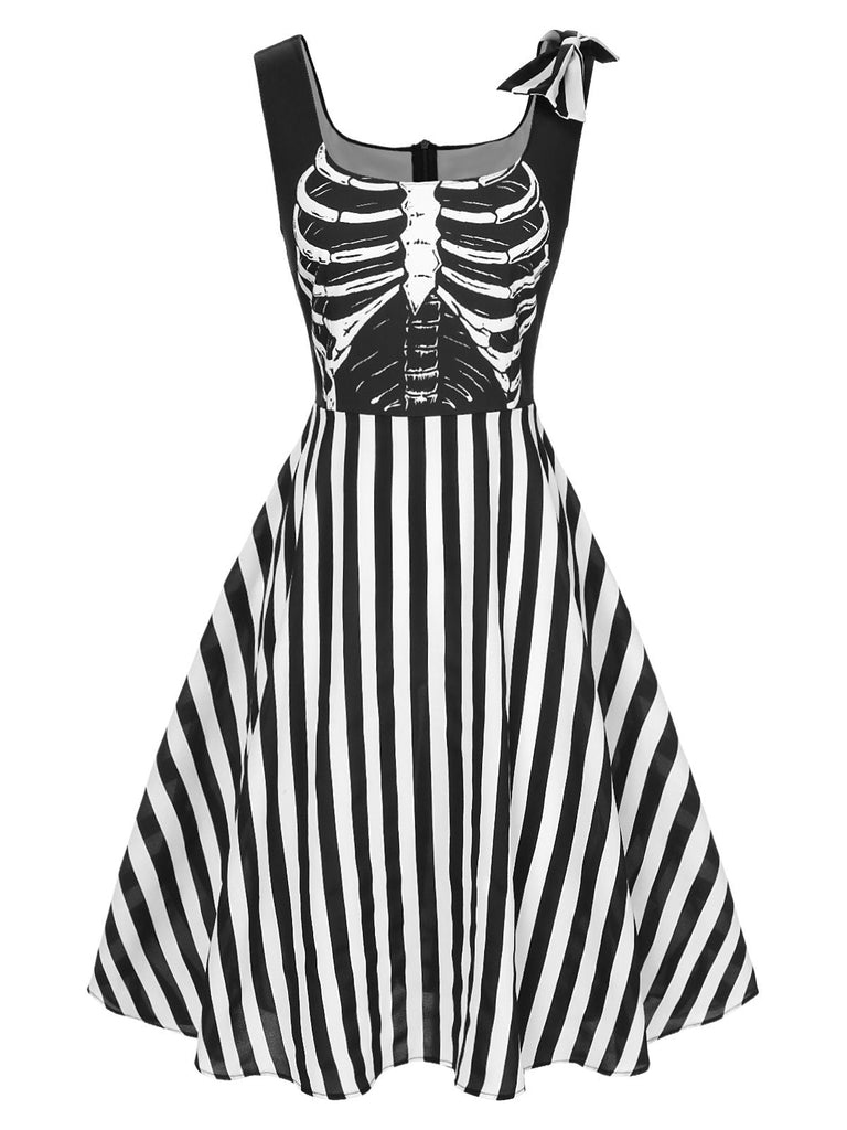 [Vorverkauf] Schwarz 1950er Halloween Skelett Vertikale Streifen Kleid