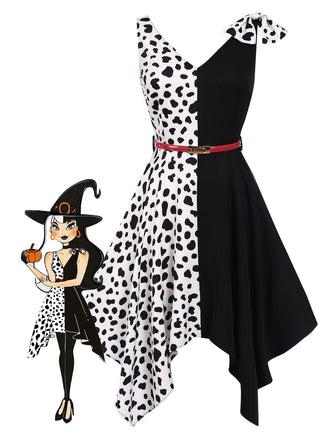 Cruella De Vil Schwarz 1970er Halloween Kuhflecken Patchwork Kleid
