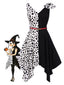 Schwarz 1970er Halloween Cruella Kuhflecken Patchwork Kleid