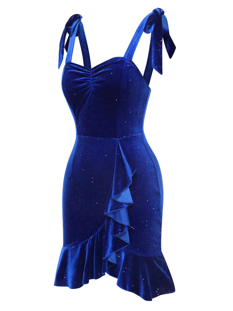 Blau 1930er Solide Rüschensaum Samt Kleid