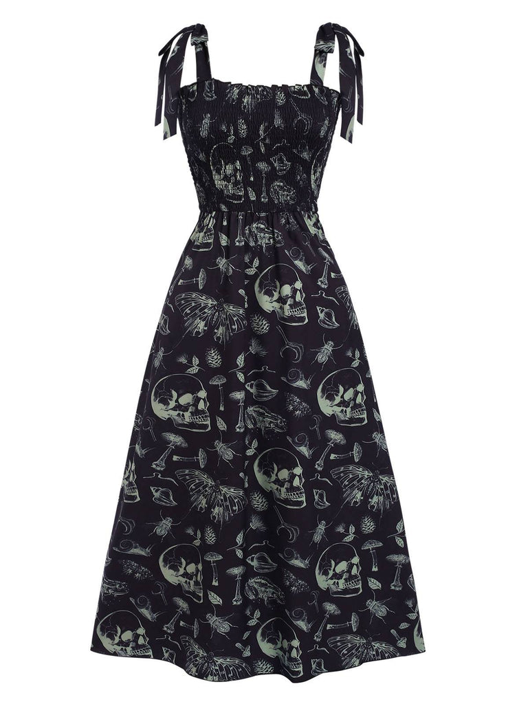 Schwarz 1940er Halloween Schädel Gesmokt Kleid