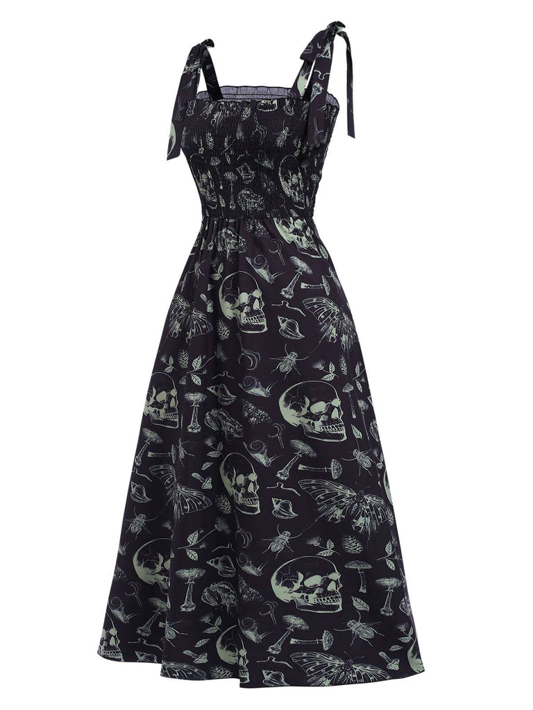 Schwarz 1940er Halloween Schädel Gesmokt Kleid