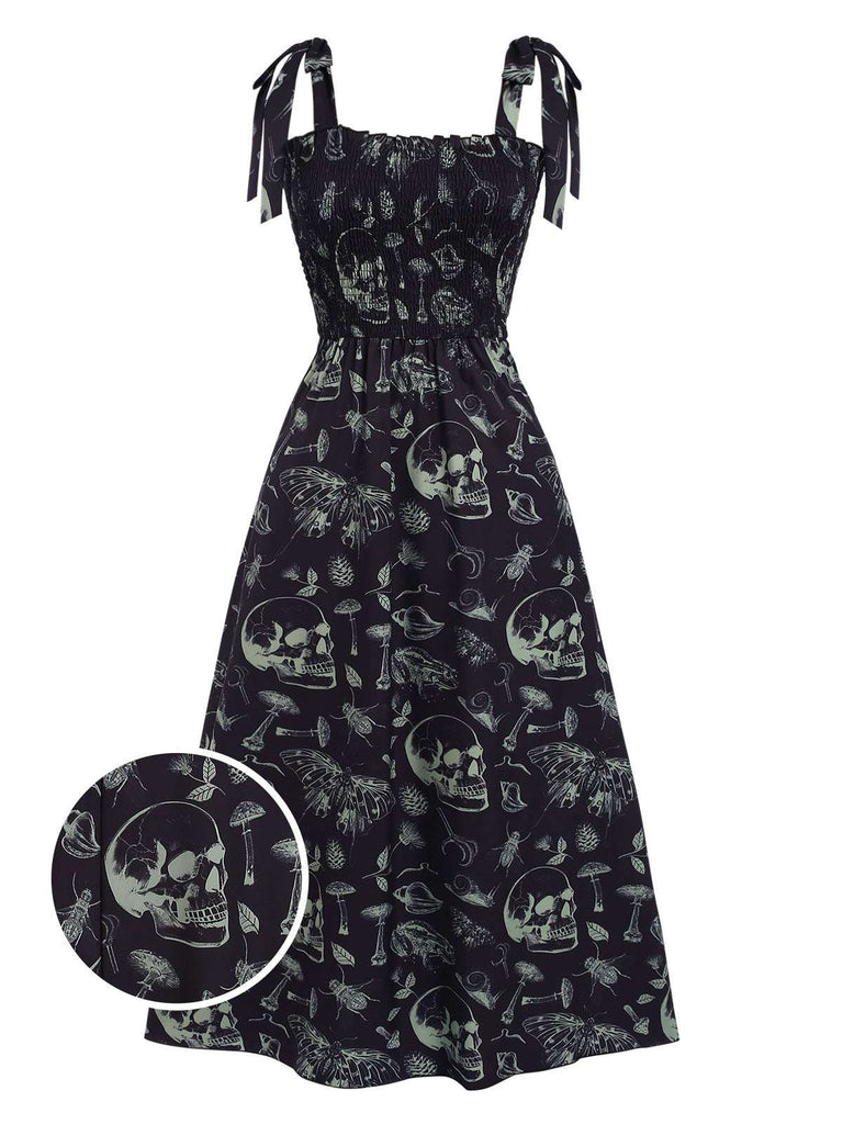 Schwarz 1940er Halloween Schädel Gesmokt Kleid