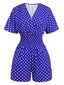 Blau 1940er V-Ausschnitt Polka Dots Romper