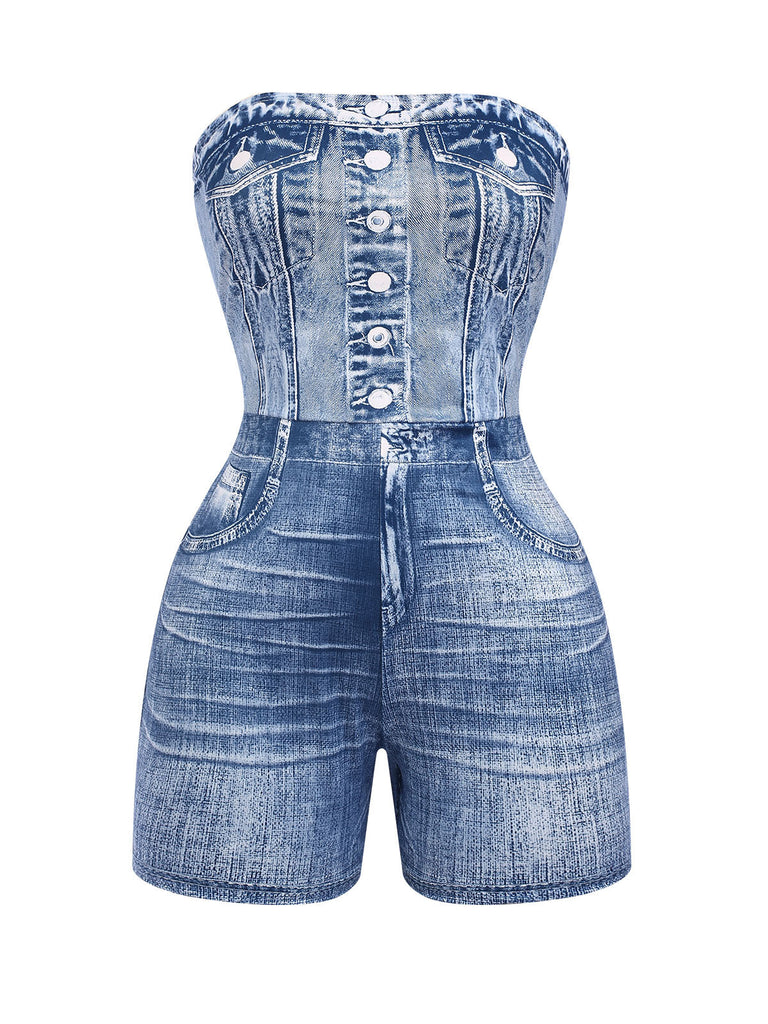 1950er Knopf Trägerlos Falten Jeans Romper