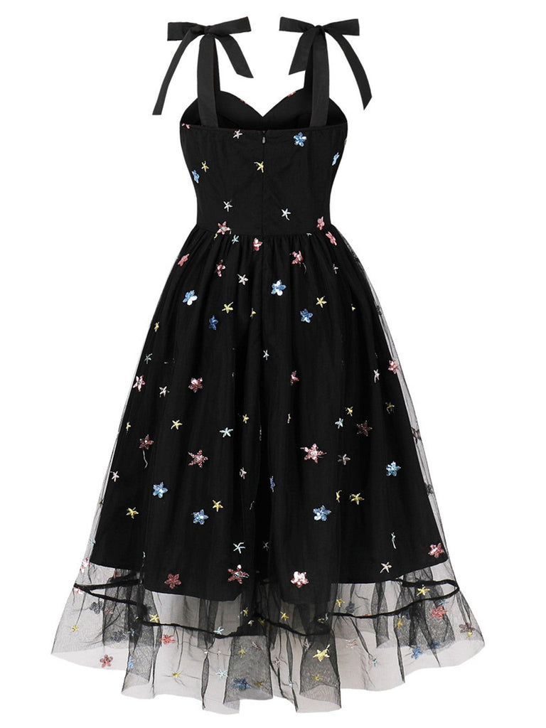 Schwarz 1950er Schultergurt Sterne Masche Kleid