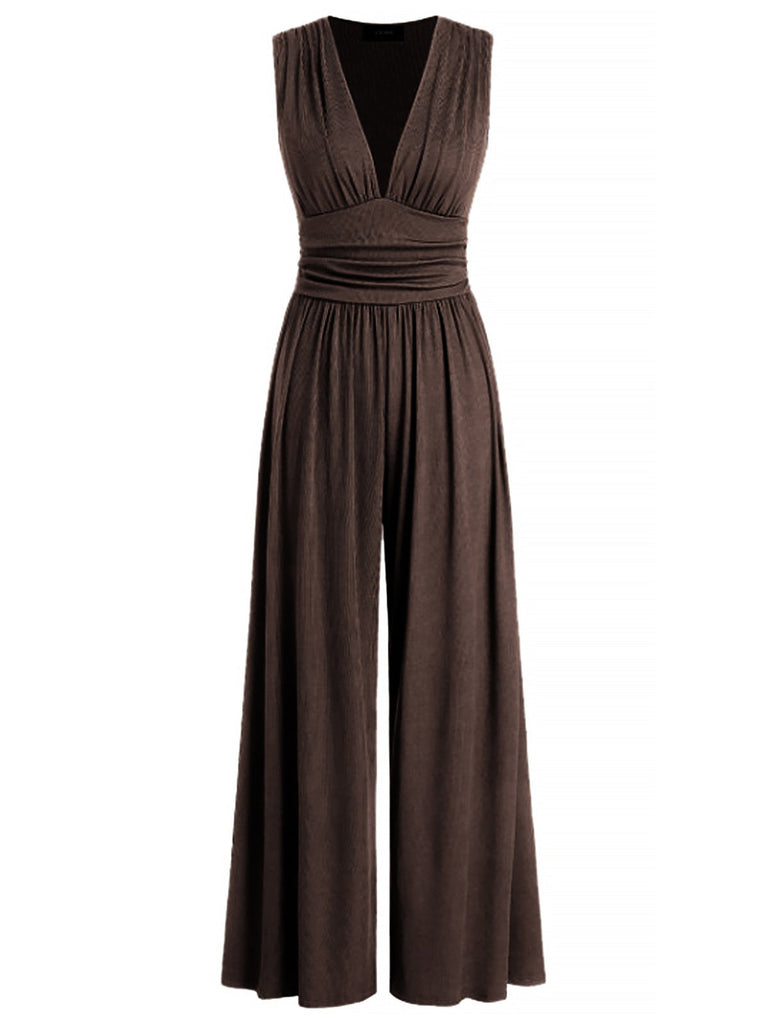 1950er Solide Falten Tiefer V-Ausschnitt Jumpsuit