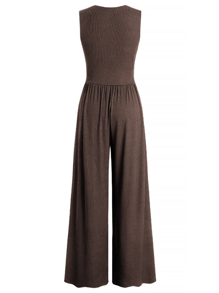 1950er Solide Falten Tiefer V-Ausschnitt Jumpsuit