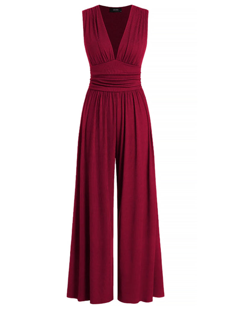 1950er Solide Falten Tiefer V-Ausschnitt Jumpsuit