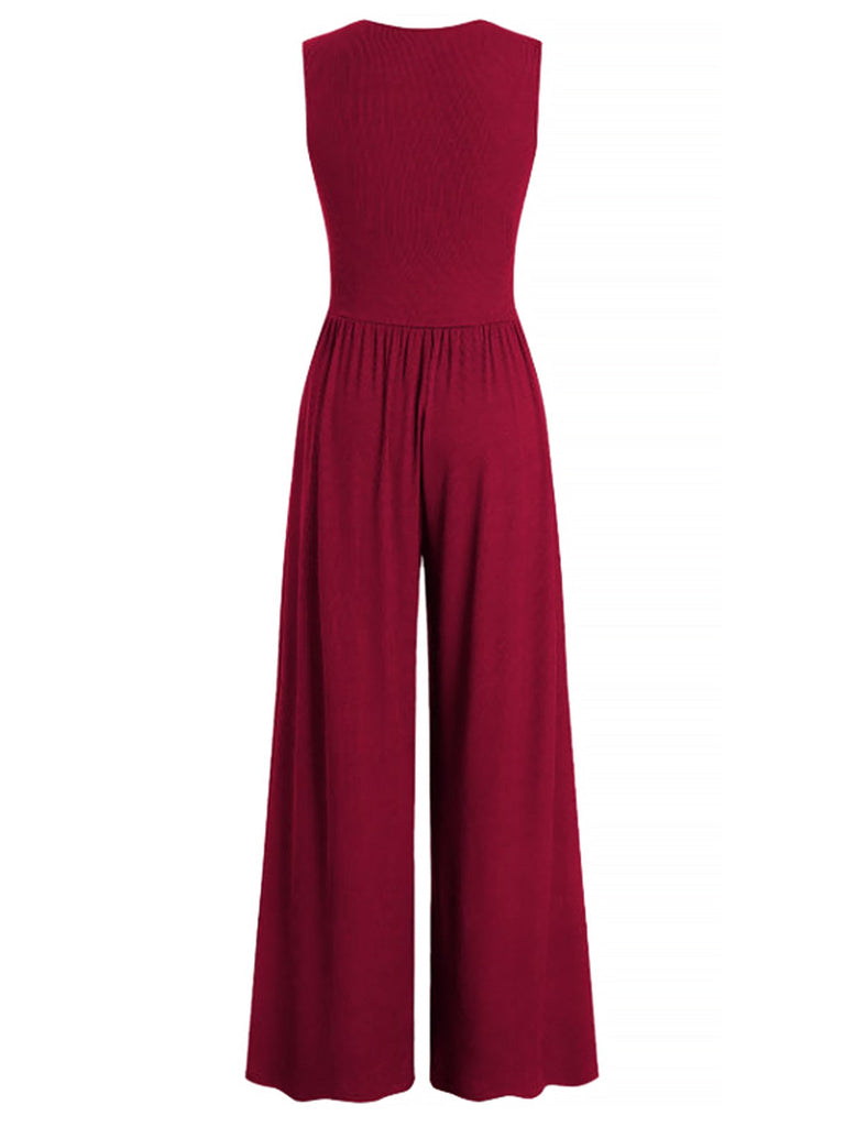 1950er Solide Falten Tiefer V-Ausschnitt Jumpsuit