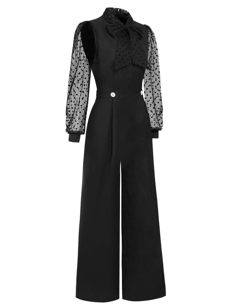 [Vorverkauf] Schwarz 1930er Polka Dots Masche Jumpsuit