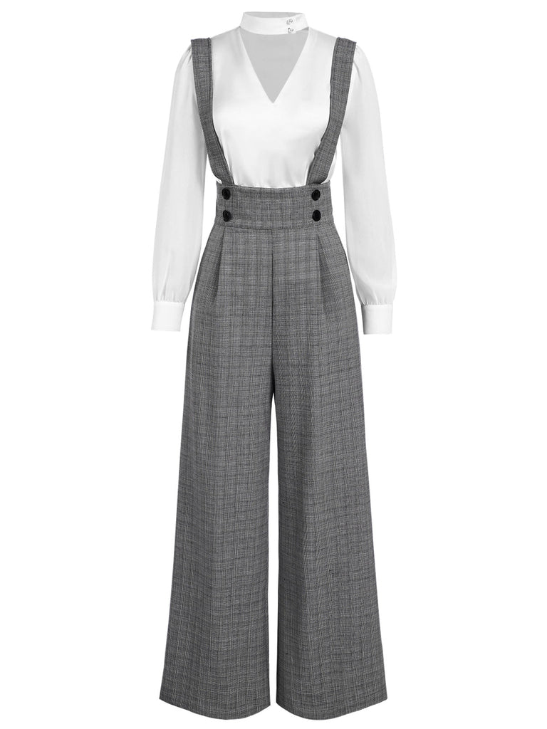 [Vorverkauf] 2PCS Grün 1940er Satin Puffärmel Bluse & Glen Plaid Overall Hose