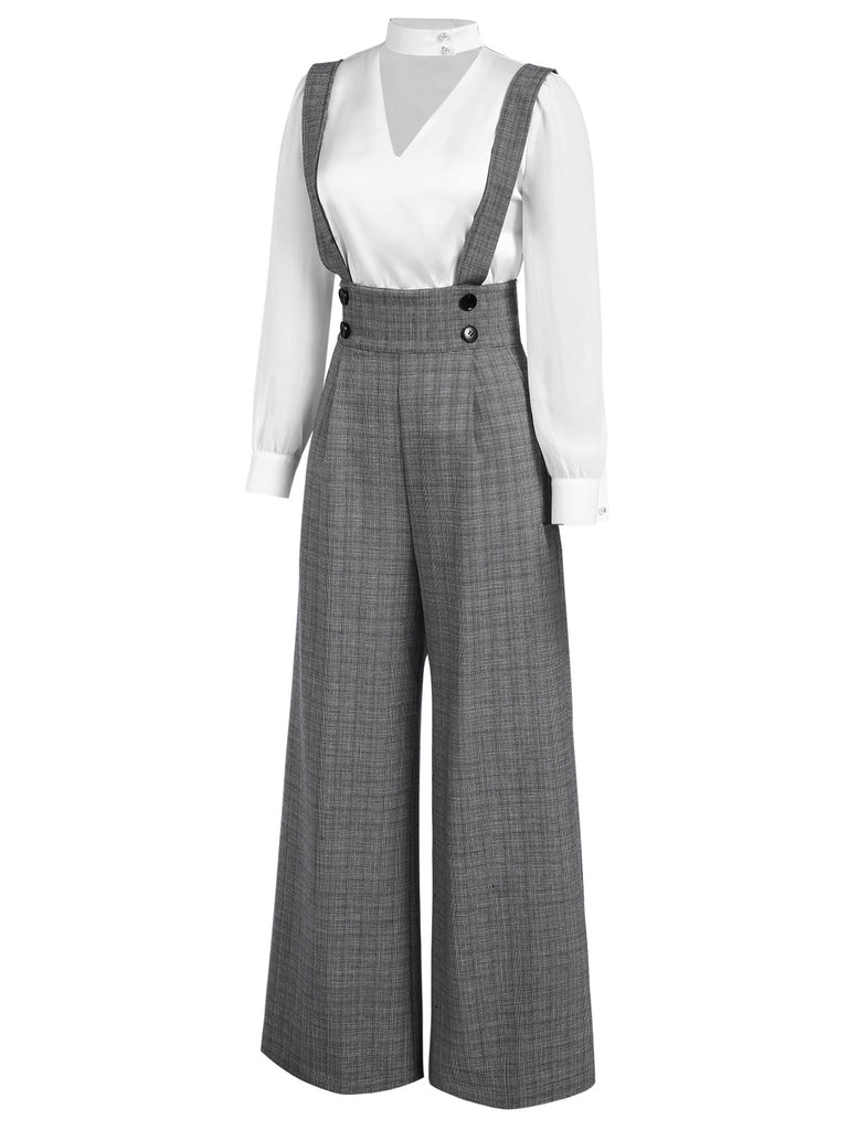 [Vorverkauf] 2PCS Grün 1940er Satin Puffärmel Bluse & Glen Plaid Overall Hose