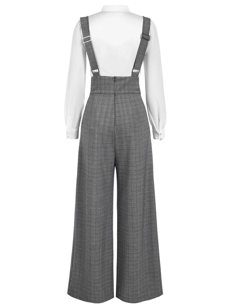 [Vorverkauf] 2PCS Grün 1940er Satin Puffärmel Bluse & Glen Plaid Overall Hose