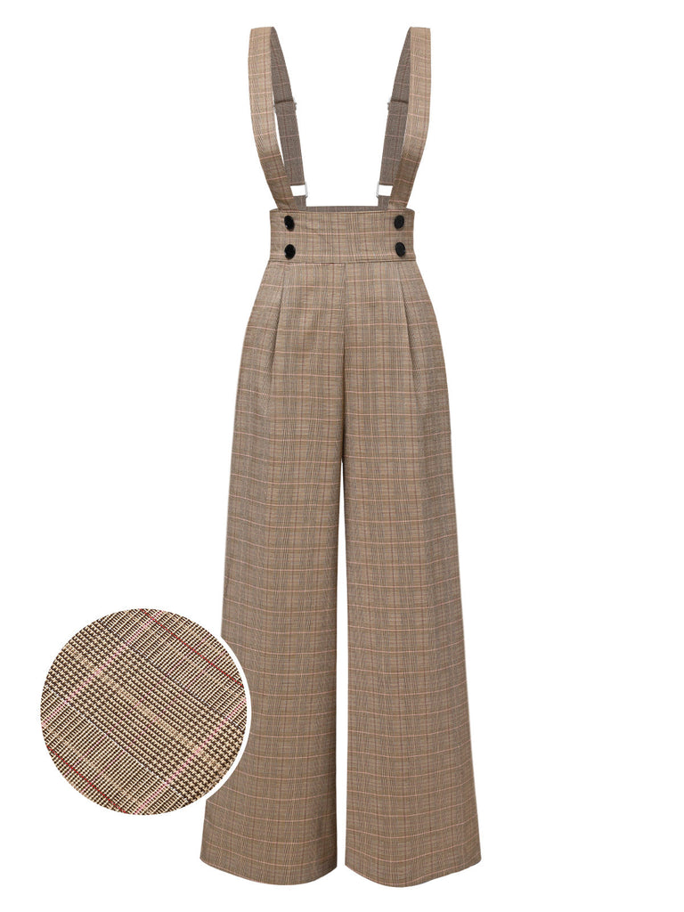 [Vorverkauf] Braun 1940er Glen Plaid Knöpfen Overall Hosen