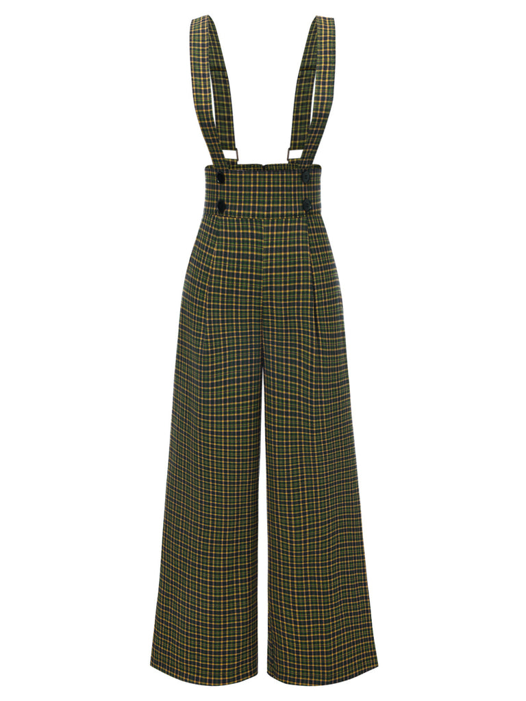 [Vorverkauf] Grün 1940er Glen Plaid Geknöpft Overall Hosen