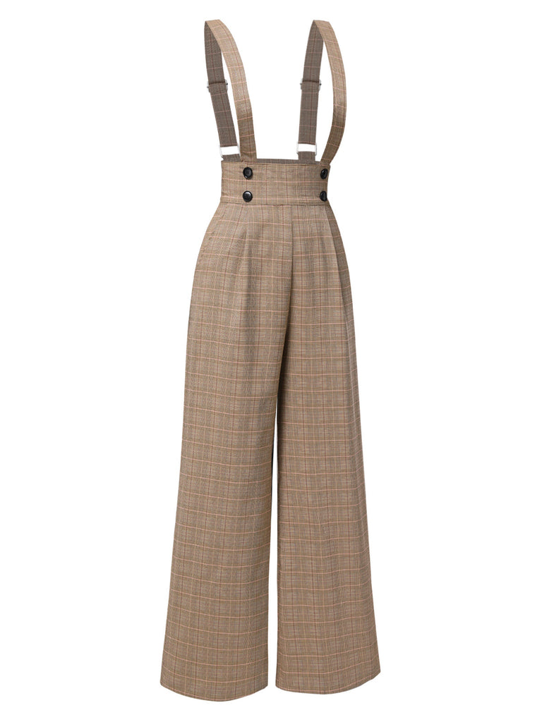 [Vorverkauf] Braun 1940er Glen Plaid Knöpfen Overall Hosen