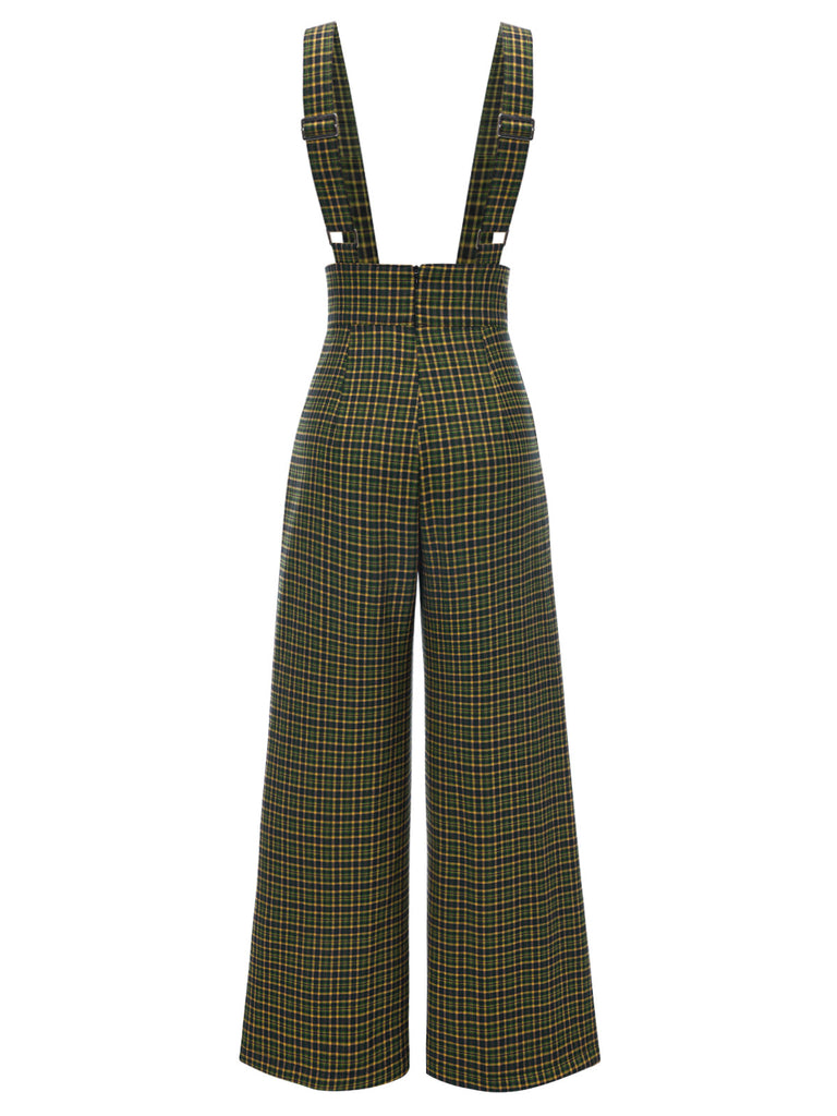 [Vorverkauf] Grün 1940er Glen Plaid Geknöpft Overall Hosen