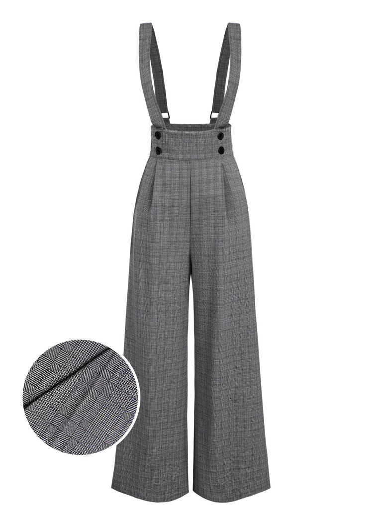 [Vorverkauf] Grau 1940er Glen Plaid Geknöpft Overall Hose