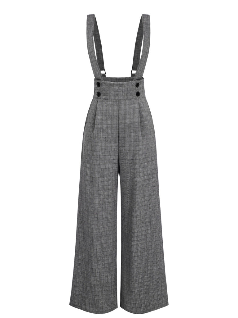 [Vorverkauf] 2PCS Grün 1940er Satin Puffärmel Bluse & Glen Plaid Overall Hose