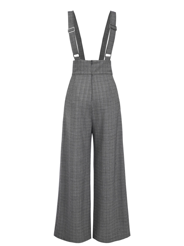 [Vorverkauf] Grau 1940er Glen Plaid Geknöpft Overall Hose