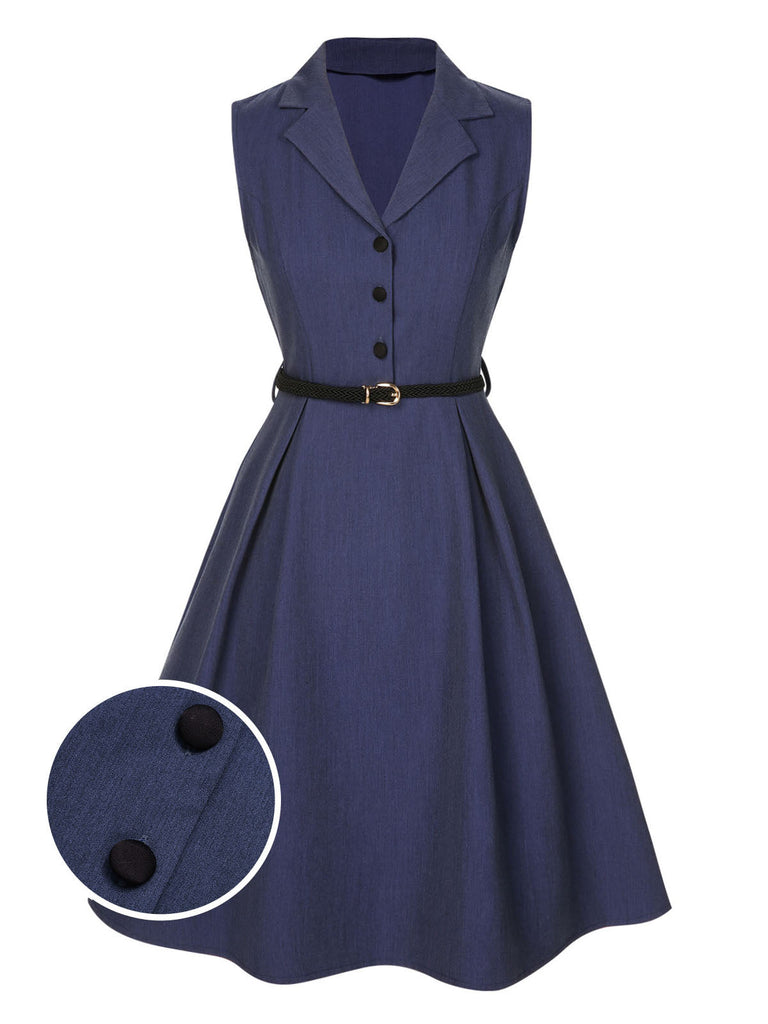 [Vorverkauf] Blau 1940er Solide Revers Gürtel Kleid