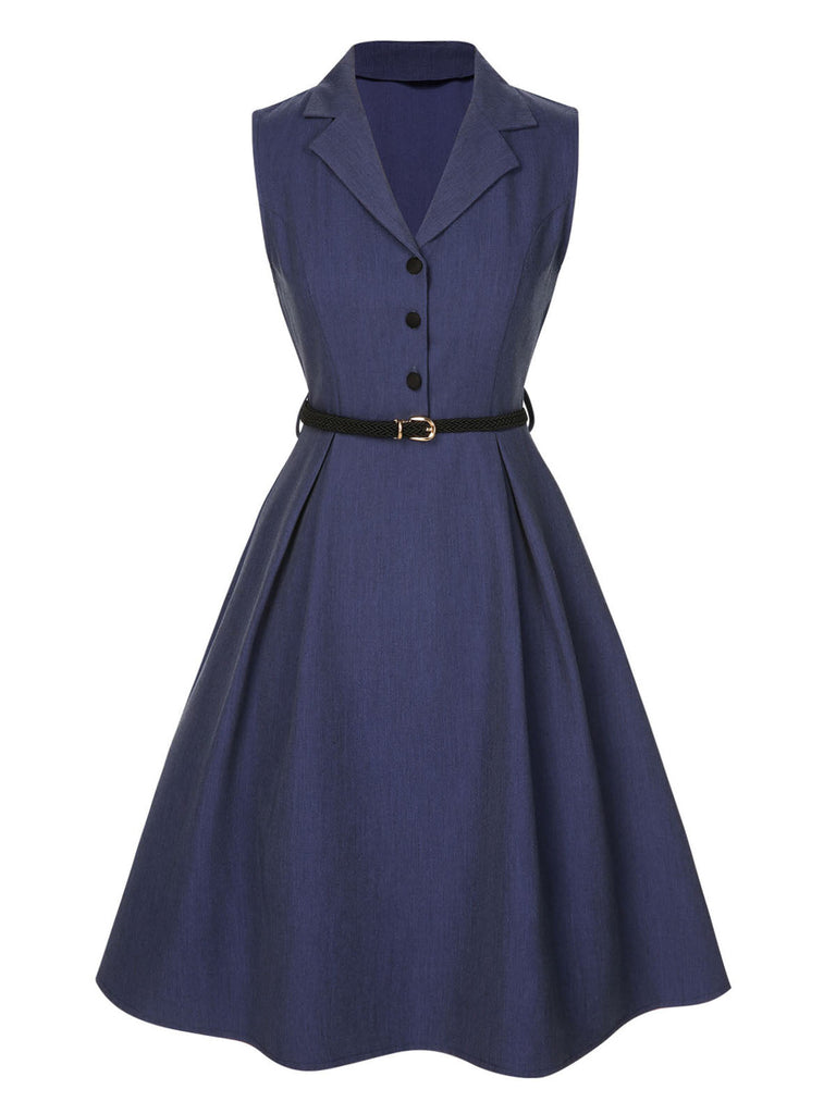 [Vorverkauf] Blau 1940er Solide Revers Gürtel Kleid