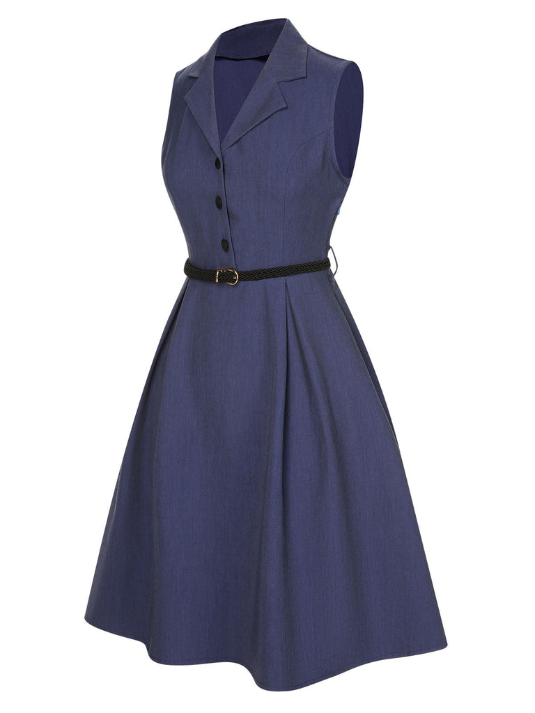 [Vorverkauf] Blau 1940er Solide Revers Gürtel Kleid