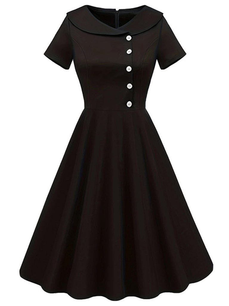 Schwarz 1940er Solide Geknöpft Revers Kleid