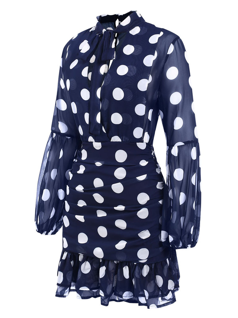 Dunkelblau 1930er Polka Dots Hollow Out Rüsche Kleid