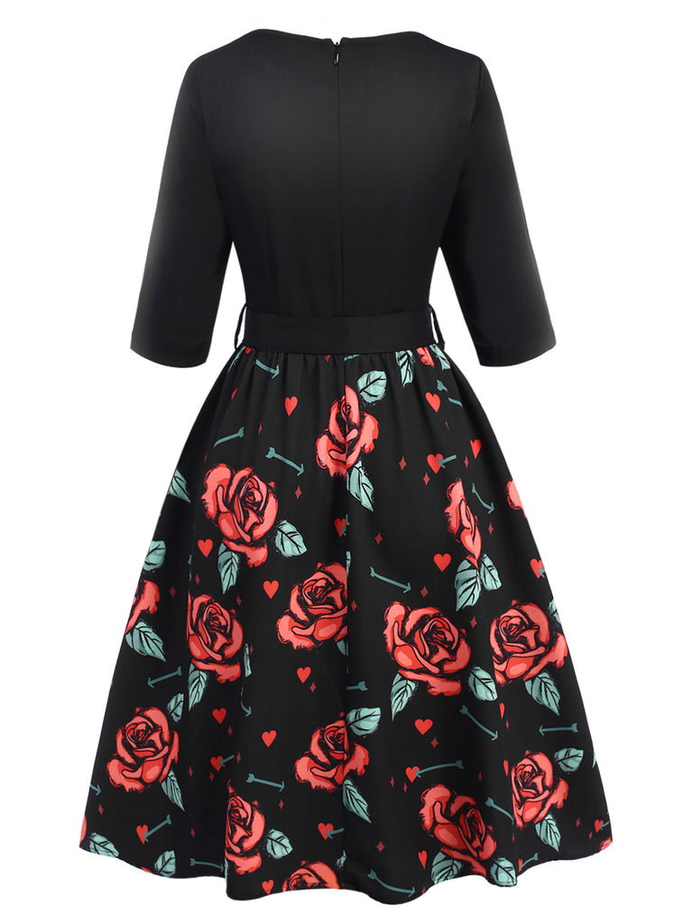 [Vorverkauf] Schwarz 1950er Rose Patchwork Gürtel Kleid