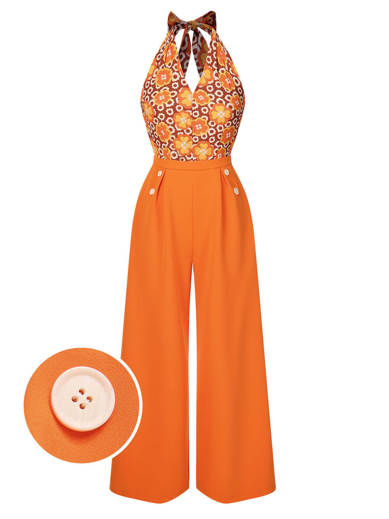 [Vorverkauf] Orange 1960er Blumen Halter Jumpsuit