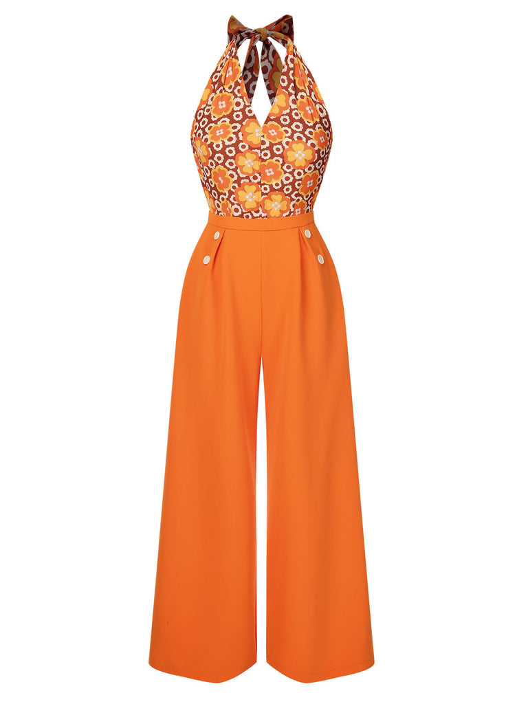 [Vorverkauf] Orange 1960er Blumen Halter Jumpsuit