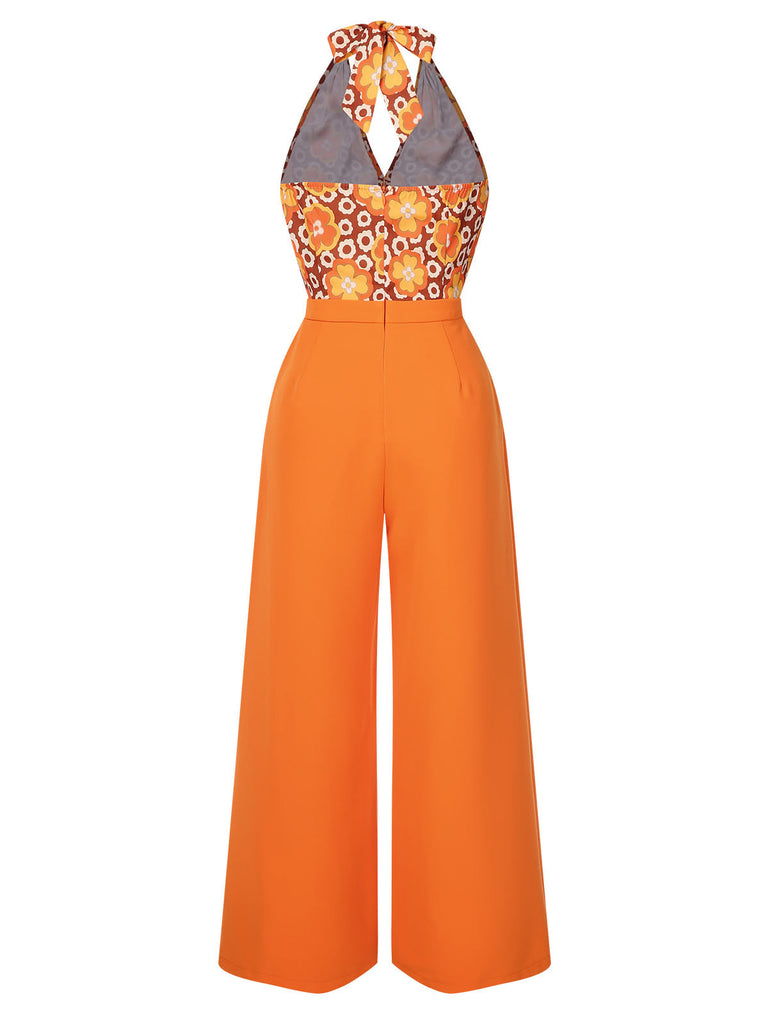 [Vorverkauf] Orange 1960er Blumen Halter Jumpsuit