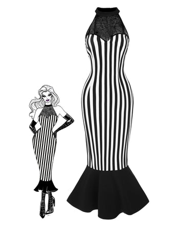 Gothic Beetlejuice Kostüm Schwarz 1930er Spinnennetz Streifen Fischschwanzkleid