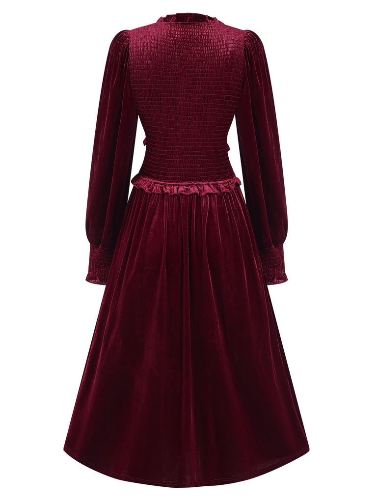 Weinrot 1940er Lange Ärmel Samt Rüsche Kleid