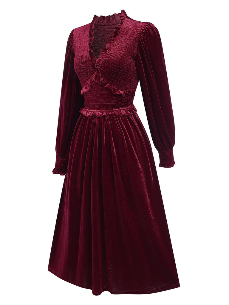 Weinrot 1940er Lange Ärmel Samt Rüsche Kleid