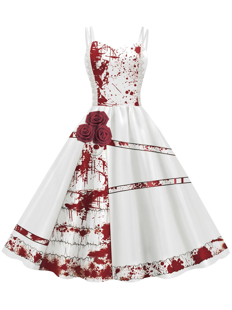 Weiß 1950er Halloween Roses Blut Doppelte Träger Kleid