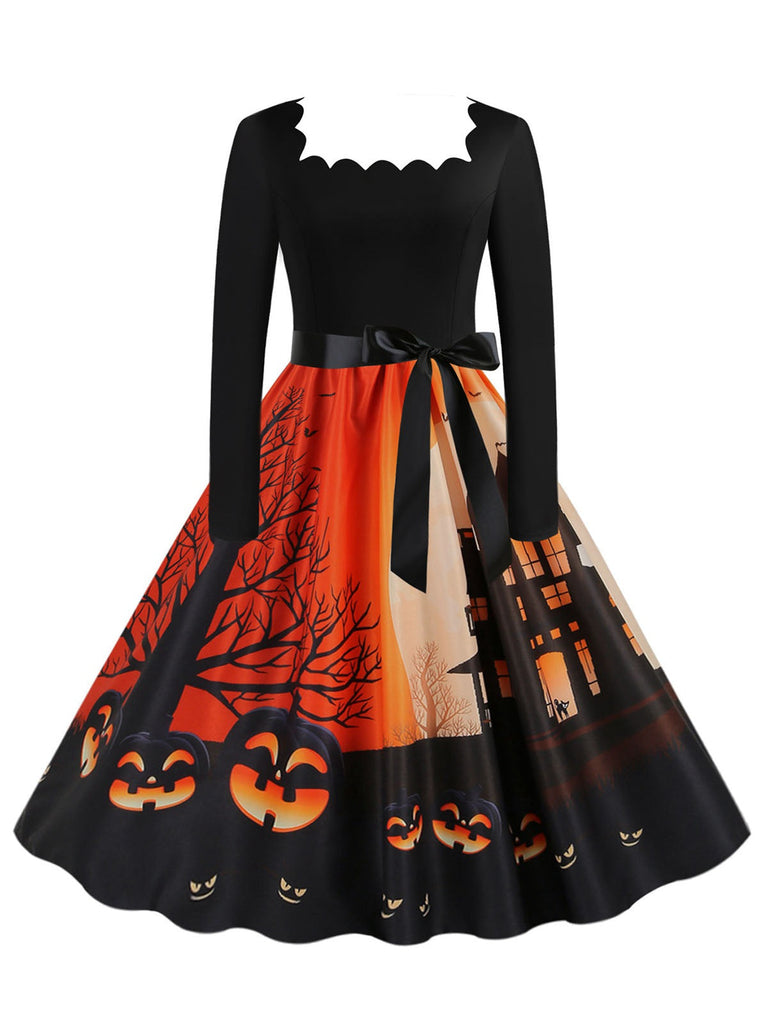 1950er Halloween Kürbis Patchwork Lange Ärmel Kleid