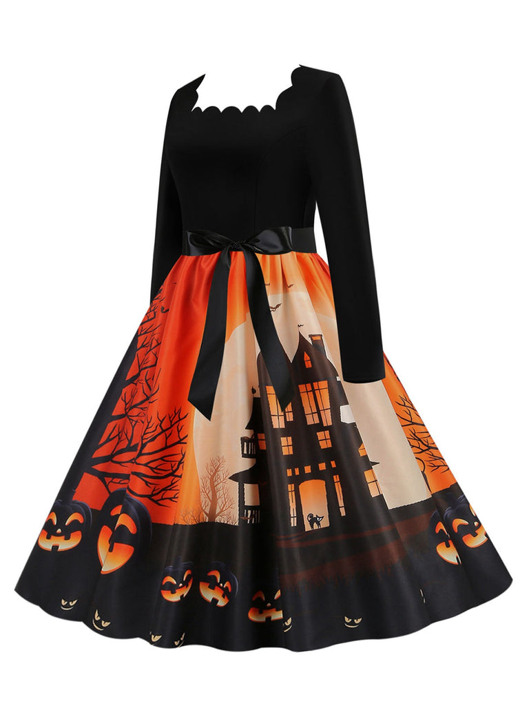 1950er Halloween Patchwork Lange Ärmel Kleid