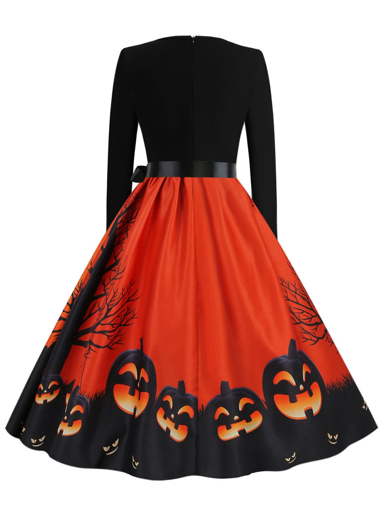 1950er Halloween Kürbis Patchwork Lange Ärmel Kleid