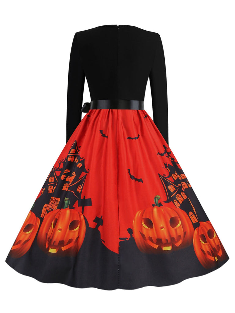 1950er Halloween Kürbis Patchwork Lange Ärmel Kleid