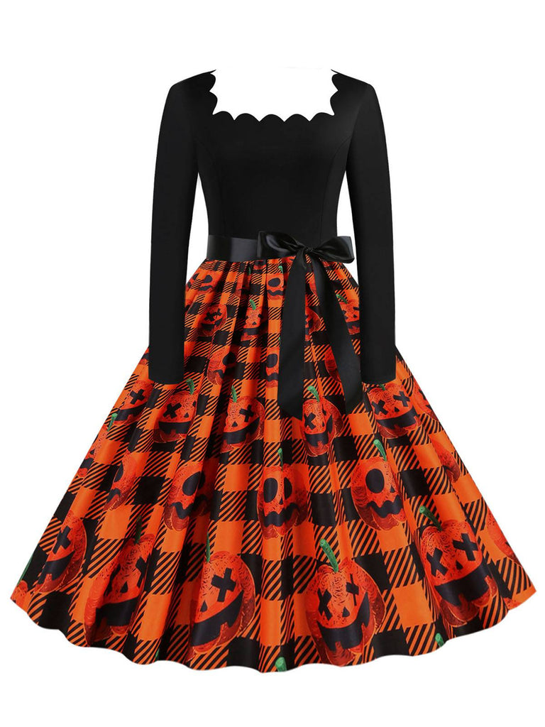 1950er Halloween Kürbis Patchwork Lange Ärmel Kleid